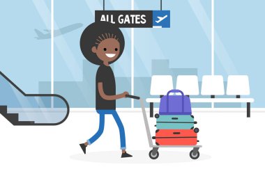 Havaalanı. Genç Turizm bir Bagaj arabası haddeleme. Bagaj arabası. Seyahat. Turizm. Uçuş. Düz düzenlenebilir vektör çizim, küçük resim