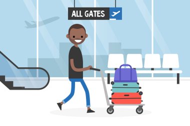 Havaalanı. Genç Turizm bir Bagaj arabası haddeleme. Bagaj arabası. Seyahat. Turizm. Uçuş. Düz düzenlenebilir vektör çizim, küçük resim