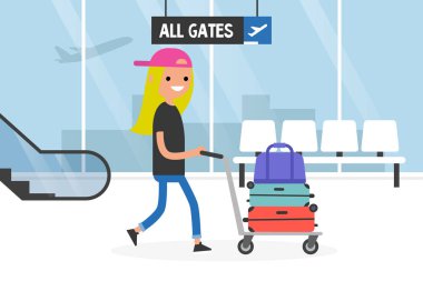 Havaalanı. Genç Turizm bir Bagaj arabası haddeleme. Bagaj arabası. Seyahat. Turizm. Uçuş. Düz düzenlenebilir vektör çizim, küçük resim