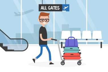 Havaalanı. Genç Turizm bir Bagaj arabası haddeleme. Bagaj arabası. Seyahat. Turizm. Uçuş. Düz düzenlenebilir vektör çizim, küçük resim