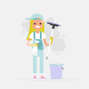 Temizlik hizmeti. Genç karakter bir pencere yıkama. Ev işleri. Temizleme. Düz düzenlenebilir vektör çizim, küçük resim