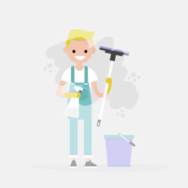 Temizlik hizmeti. Genç karakter bir pencere yıkama. Ev işleri. Temizleme. Düz düzenlenebilir vektör çizim, küçük resim