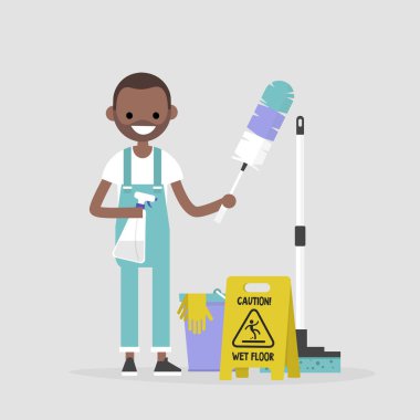 Temizleme daire, kavramsal çizimi. Genç siyah temizlik araçları tutarak karakter: bir tüy silgi ve bir temizlik sprey / düz düzenlenebilir vektör resim, küçük resim