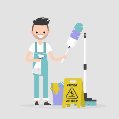 Temizleme daire, kavramsal çizimi. Temizlik tutan genç karakter araçları: bir tüy silgi ve bir temizlik sprey / düz düzenlenebilir vektör resim, küçük resim