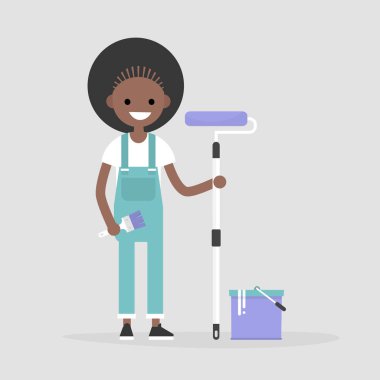 Alt boya silindiri tutan gülümseyerek. Ev tadilatı. Tulum giyen genç karakter. Düz düzenlenebilir vektör çizim, küçük resim