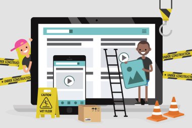 Web tasarım ve geliştirme. Site yapım aşamasında. Bir açılış sayfası üzerinde çalışan genç profesyonellerinden oluşan bir ekip. Düz vektör çizim, küçük resim. Millennials iş başında. Dijital yaratıcı Sanayi.