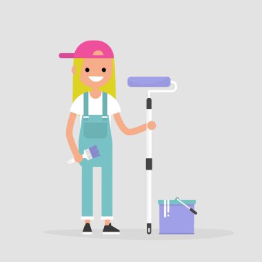 Alt boya silindiri tutan gülümseyerek. Ev tadilatı. Tulum giyen genç karakter. Düz düzenlenebilir vektör çizim, küçük resim