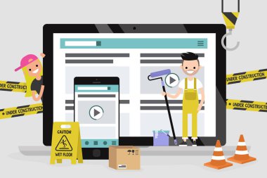 Web tasarım ve geliştirme. Site yapım aşamasında. Bir açılış sayfası üzerinde çalışan genç profesyonellerinden oluşan bir ekip. Düz vektör çizim, küçük resim. Millennials iş başında. Dijital yaratıcı Sanayi.
