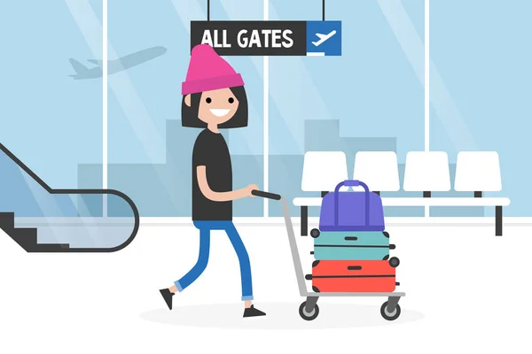 Lotnisko Młody Turysta Toczenia Bagażu Koszyka Wózek Bagaż Podróży Turystyki — Wektor stockowy