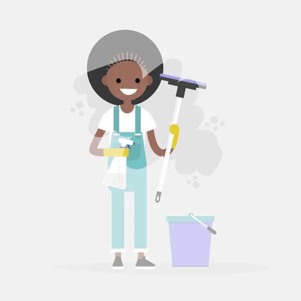Temizlik Hizmeti Genç Karakter Bir Pencere Yıkama Işleri Temizleme Düz — Stok Vektör