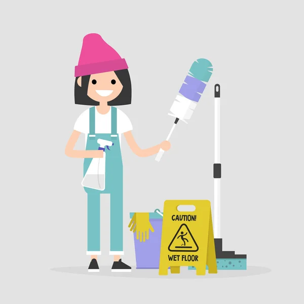 Limpieza Del Apartamento Ilustración Conceptual Personaje Femenino Joven Sosteniendo Las — Vector de stock