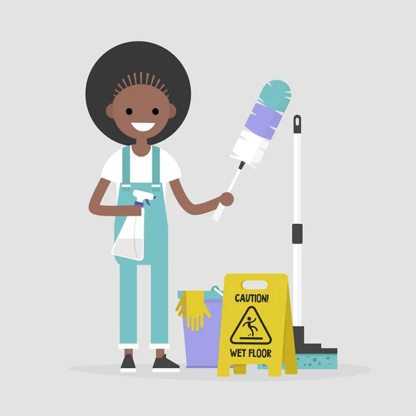 Temizleme Daire Kavramsal Çizimi Temizlik Tutarak Siyah Kadın Karakter Araçları — Stok Vektör