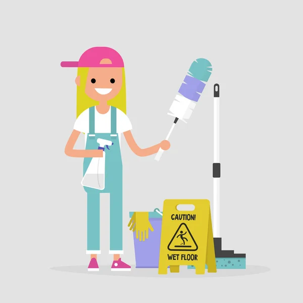 Temizleme Daire Kavramsal Çizimi Temizlik Tutan Genç Kadın Karakter Araçları — Stok Vektör