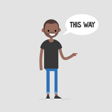 Bu taraftan. Genç karakteri işaret belgili tanımlık doğru yön. Gezinti. Konuşma balonu. Düz düzenlenebilir vektör çizim, küçük resim