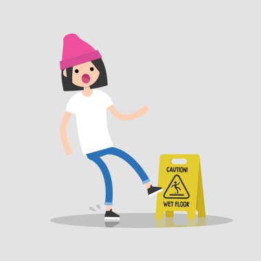 Dikkat, ıslak zemin. Genç kadın karakter ıslak bir yüzeye çıkmış. Düşme. Düz düzenlenebilir vektör çizim, küçük resim