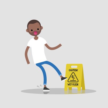 Dikkat, ıslak zemin. Genç bir ıslak zemine kaydı karakter siyah. Düşme. Düz düzenlenebilir vektör çizim, küçük resim