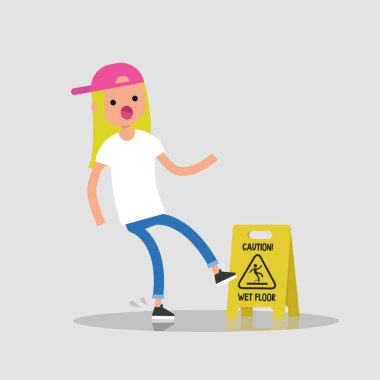 Dikkat, ıslak zemin. Genç kadın karakter ıslak bir yüzeye çıkmış. Düşme. Düz düzenlenebilir vektör çizim, küçük resim