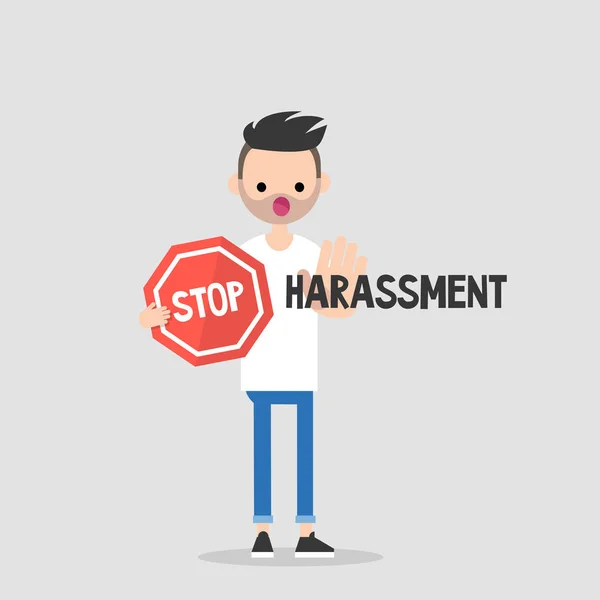 Arrêtez Harcèlement Illustration Conceptuelle Jeune Personnage Tenant Panneau Stop Caricature — Image vectorielle