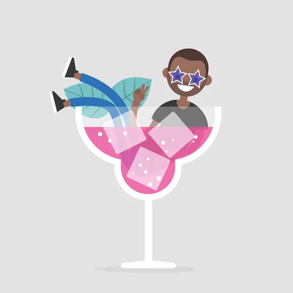 Junge Figur Die Einem Riesigen Glas Mit Einem Cocktail Sitzt — Stockvektor
