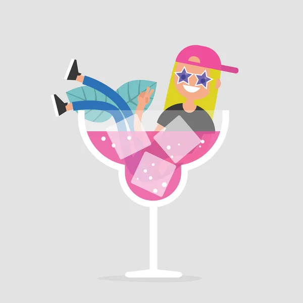 Junge Weibliche Figur Sitzt Einem Riesigen Glas Mit Einem Cocktail — Stockvektor
