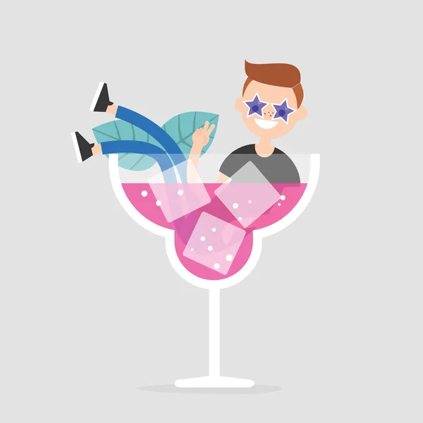 Junge Figur Die Einem Riesigen Glas Mit Einem Cocktail Sitzt — Stockvektor