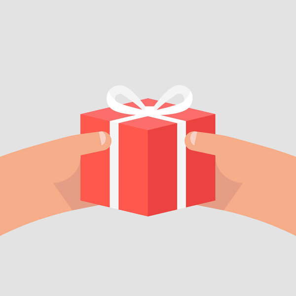 Руки с подарочной коробкой. День рождения. Годовщина. Празднование. POV. Плоская редактируемая векторная иллюстрация, клип-арт
