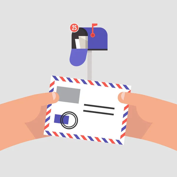 Mãos Segurar Envelope Com Selos Carta Papel Correspondência Ilustração Vetorial —  Vetores de Stock