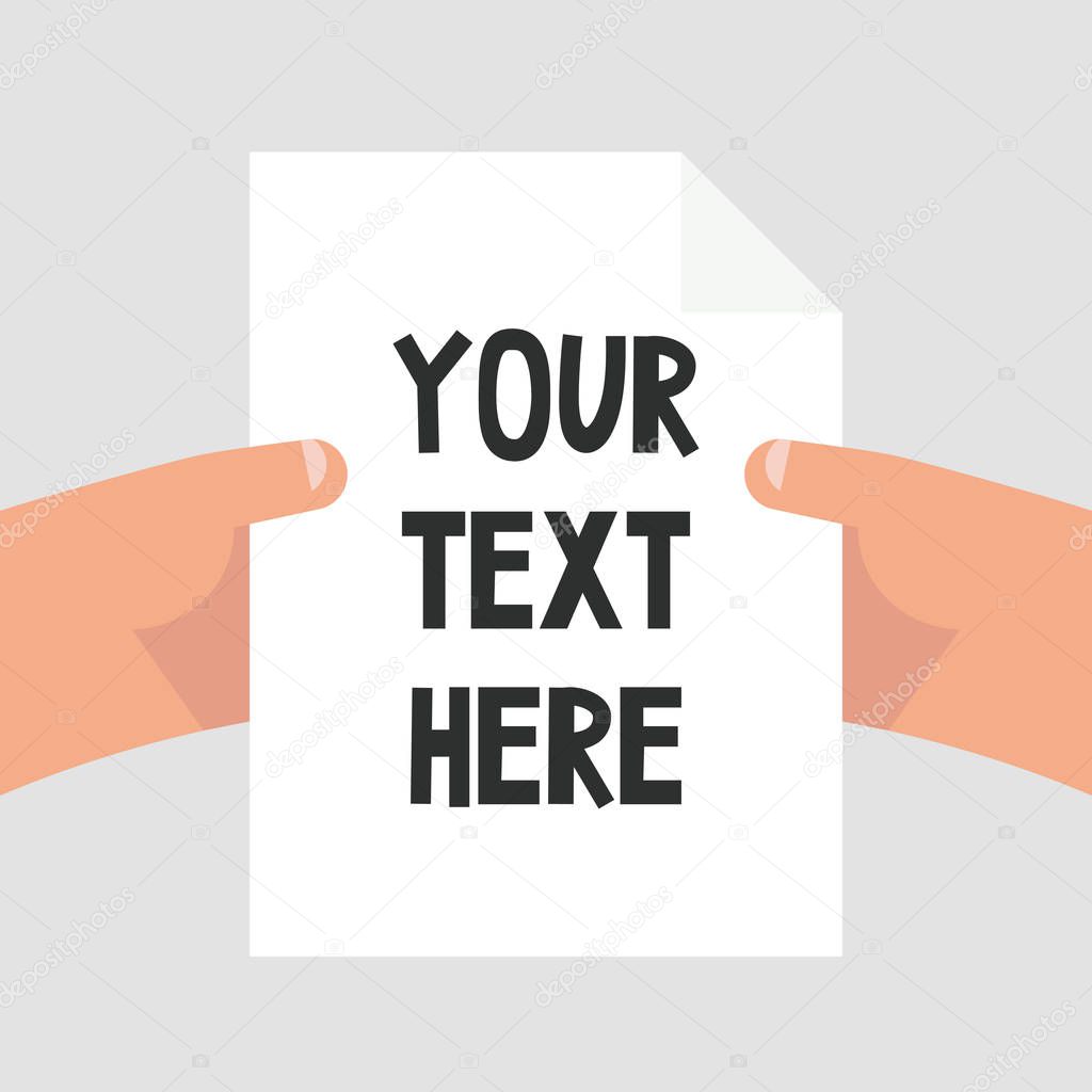 Your text here. Copy space. POV. Hands holding a sheet of paper / editable flat vector illustration, clip art.