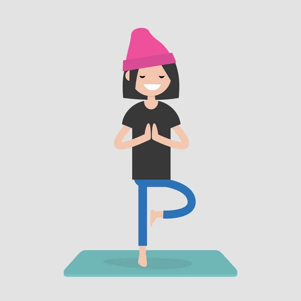 Young Character Practicing Yoga Relaxation Meditation Mental Health Lifestyle Flat — Stock Vector
