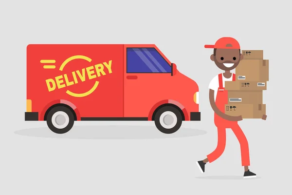 Delivery service. Young smiling courier holding a pile of parcel — Stock Vector