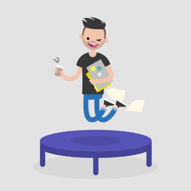 Kariyer promosyon. Neşeli çalışan trambolin üzerinde atlama. B