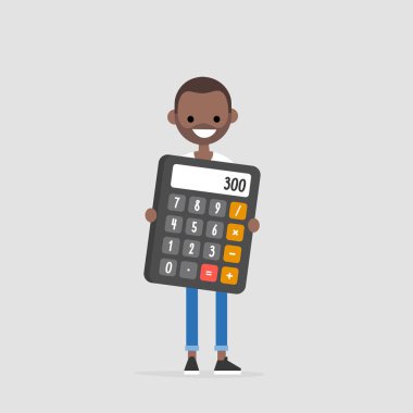 Dev bir hesap makinesi tutan genç siyah karakter. Matematik. Educatio