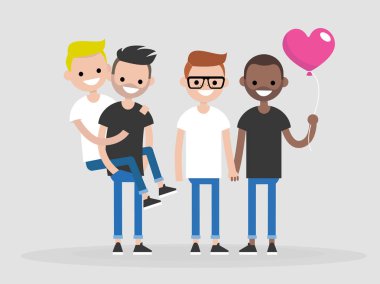 Gay arkadaş grubu. Genç Yetişkin erkekler çiftler. LGBT. düz düzenlenebilir vektör çizim, küçük resim