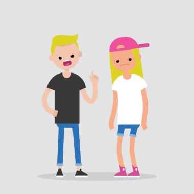 Kavga kavramsal çizimi. Genç bir parmak işaret ve onun sevgilisini bağırdığı adam sinirli. İki savunarak karakter. Düz düzenlenebilir vektör, küçük resim