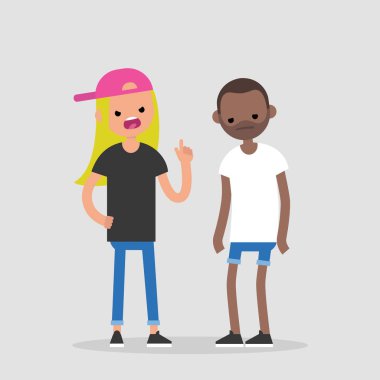 Quarrel conceptual illustration. Young pissed off woman pointing a finger and yelling at her boyfriend. Two arguing characters. Flat editable vector, clip art clipart