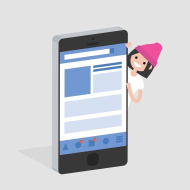 Sosyal medya hesap. İzometrik hareket eden aygıt. Genç gülümseyen dışarı belgili tanımlık smartphone behing bakmak karakter. Düz düzenlenebilir vektör çizim, küçük resim