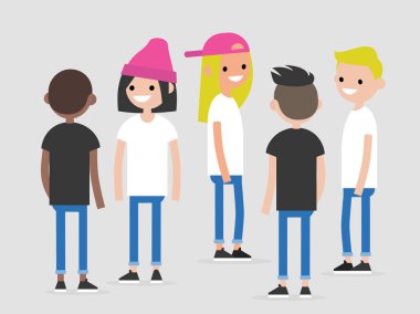 Çok kültürlü gençlerin Grup: ön, yan ve arka görünümü. Millennials. Bir yaşam tarzı. Düz düzenlenebilir vektör çizim, küçük resim