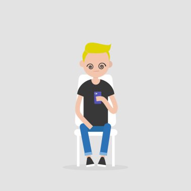 Yeni teknolojiler, kavramsal çizimi. Genç karakter smartphone ekran bakarak hipnotize. Bin yıllık üretimi / düz düzenlenebilir vektör, küçük resim