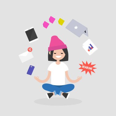 Stres ile ilgili. Genç karakter ile meditasyon lotus poz becerikli alet yüzen tarafından çevrili gözleri kapalı. Yoga ve sağlıklı yaşam / düz düzenlenebilir vektör çizim, küçük resim