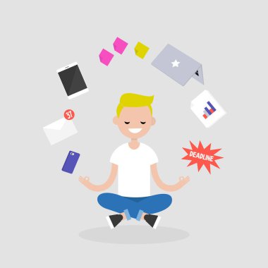 Stres ile ilgili. Genç karakter ile meditasyon lotus poz becerikli alet yüzen tarafından çevrili gözleri kapalı. Yoga ve sağlıklı yaşam / düz düzenlenebilir vektör çizim, küçük resim