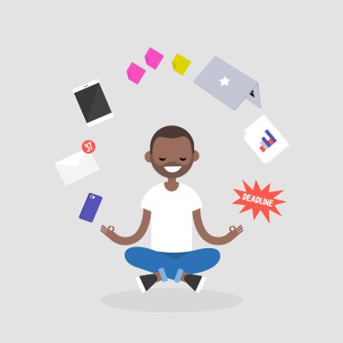 Stres ile ilgili. Genç karakter ile meditasyon lotus poz becerikli alet yüzen tarafından çevrili gözleri kapalı. Yoga ve sağlıklı yaşam / düz düzenlenebilir vektör çizim, küçük resim