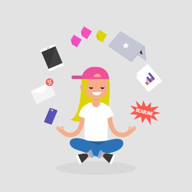 Stres ile ilgili. Genç karakter ile meditasyon lotus poz becerikli alet yüzen tarafından çevrili gözleri kapalı. Yoga ve sağlıklı yaşam / düz düzenlenebilir vektör çizim, küçük resim