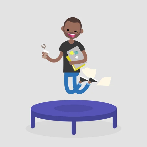 Promotion de carrière. Joyeux employé noir sautant sur le trampol — Image vectorielle