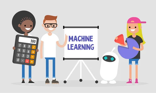 Machine learning technologies. Millennial students teaching a ro — Stock Vector