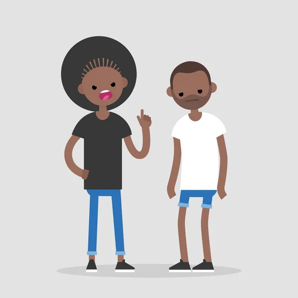 Ilustración Conceptual Peleas Joven Cabreado Mujer Negra Señalando Dedo Gritando — Vector de stock