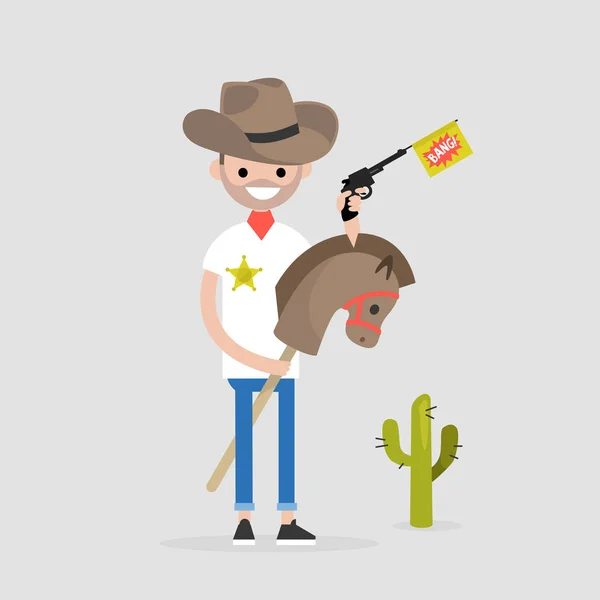Young Funny Sheriff Riding Hobby Horse Cosplay Cowboy Wild West — Stock Vector