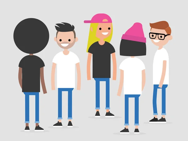 Multikulturális Fiatalok Csoportja Első Oldalsó Hátsó Nézet Millennials Életmód Lapos — Stock Vector