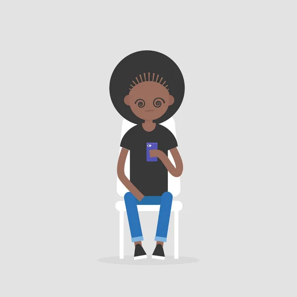 新技术 概念例证 年轻的黑人女性催眠术的角色盯着智能手机屏幕 千禧代 平面可编辑矢量 剪贴画 — 图库矢量图片