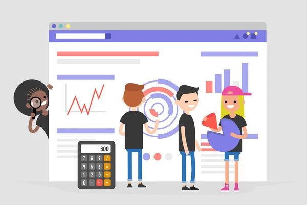 Datenanalyse Konzeptionelle Illustration Junge Figur Vor Dem Browser Mit Diagrammen — Stockvektor