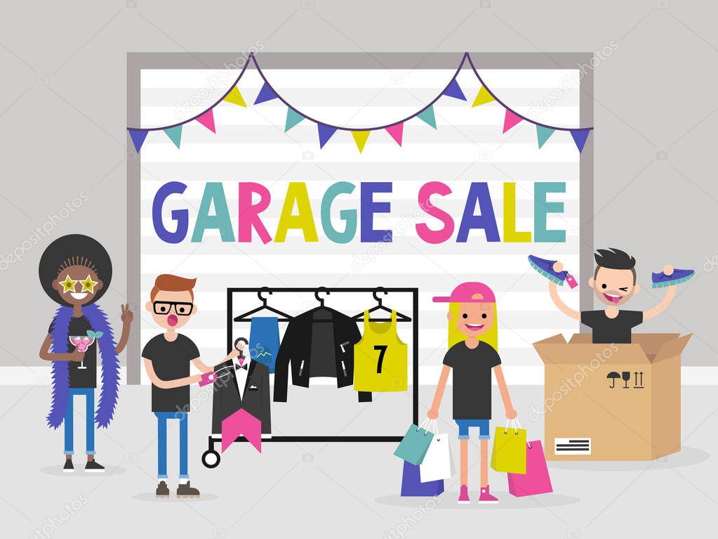 A group of young people selling and buying  things at the garage sale. Fashion. Flat editable vector illustration, clip art
